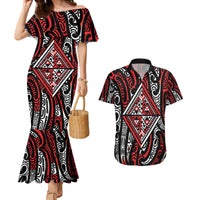 New Zealand Maori Taniko Couples Matching Mermaid Dress and Hawaiian Shirt Red Kowhaiwhai Puhoro LT9 Red - Polynesian Pride