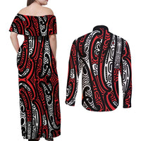 New Zealand Maori Taniko Couples Matching Off Shoulder Maxi Dress and Long Sleeve Button Shirt Red Kowhaiwhai Puhoro LT9 - Polynesian Pride
