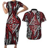 New Zealand Maori Taniko Couples Matching Short Sleeve Bodycon Dress and Hawaiian Shirt Red Kowhaiwhai Puhoro LT9 Red - Polynesian Pride