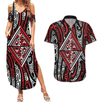 New Zealand Maori Taniko Couples Matching Summer Maxi Dress and Hawaiian Shirt Red Kowhaiwhai Puhoro LT9 Red - Polynesian Pride