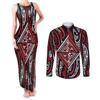 New Zealand Maori Taniko Couples Matching Tank Maxi Dress and Long Sleeve Button Shirt Red Kowhaiwhai Puhoro LT9 Red - Polynesian Pride
