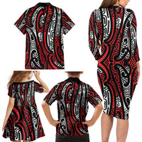 New Zealand Maori Taniko Family Matching Long Sleeve Bodycon Dress and Hawaiian Shirt Red Kowhaiwhai Puhoro LT9 - Polynesian Pride