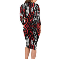 New Zealand Maori Taniko Family Matching Long Sleeve Bodycon Dress and Hawaiian Shirt Red Kowhaiwhai Puhoro LT9 - Polynesian Pride