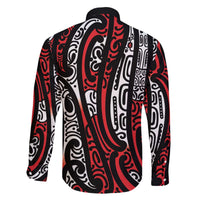 New Zealand Maori Taniko Family Matching Off The Shoulder Long Sleeve Dress and Hawaiian Shirt Red Kowhaiwhai Puhoro LT9 - Polynesian Pride