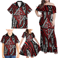 New Zealand Maori Taniko Family Matching Off Shoulder Maxi Dress and Hawaiian Shirt Red Kowhaiwhai Puhoro LT9 - Polynesian Pride