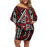 New Zealand Maori Taniko Family Matching Off Shoulder Short Dress and Hawaiian Shirt Red Kowhaiwhai Puhoro LT9 Mom's Dress Red - Polynesian Pride