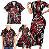 New Zealand Maori Taniko Family Matching Short Sleeve Bodycon Dress and Hawaiian Shirt Red Kowhaiwhai Puhoro LT9 - Polynesian Pride
