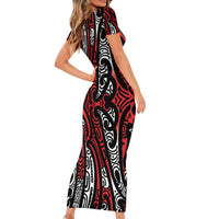 New Zealand Maori Taniko Family Matching Short Sleeve Bodycon Dress and Hawaiian Shirt Red Kowhaiwhai Puhoro LT9 - Polynesian Pride