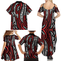 New Zealand Maori Taniko Family Matching Summer Maxi Dress and Hawaiian Shirt Red Kowhaiwhai Puhoro LT9 - Polynesian Pride
