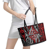 New Zealand Maori Taniko Leather Tote Bag Red Kowhaiwhai Puhoro