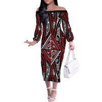 New Zealand Maori Taniko Off The Shoulder Long Sleeve Dress Red Kowhaiwhai Puhoro
