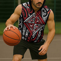 New Zealand Maori Taniko Sleeveless Zip Hoodie Red Kowhaiwhai Puhoro - Polynesian Pride