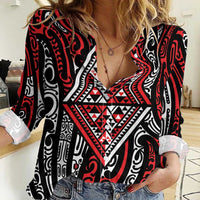 New Zealand Maori Taniko Women Casual Shirt Red Kowhaiwhai Puhoro LT9 Female Red - Polynesian Pride