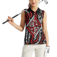 New Zealand Maori Taniko Women Sleeveless Polo Shirt Red Kowhaiwhai Puhoro