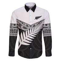 New Zealand Silver Fern Family Matching Off Shoulder Short Dress and Hawaiian Shirt Maori Koru Mixed Taniko Pattern LT9 Dad's Shirt - Long Sleeve White - Polynesian Pride