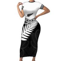 New Zealand Silver Fern Family Matching Short Sleeve Bodycon Dress and Hawaiian Shirt Maori Koru Mixed Taniko Pattern LT9 Mom's Dress White - Polynesian Pride