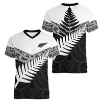 New Zealand Silver Fern Women V-Neck T-Shirt Maori Koru Mixed Taniko Pattern