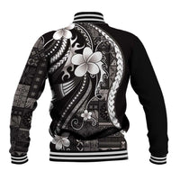Samoa Siapo Tribal Pattern Baseball Jacket Black Polynesian Plumeria Tapa Motif