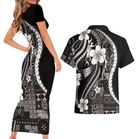 Samoa Siapo Tribal Pattern Couples Matching Short Sleeve Bodycon Dress and Hawaiian Shirt Black Polynesian Plumeria Tapa Motif