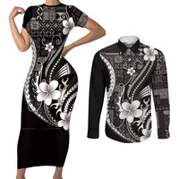 Samoa Siapo Tribal Pattern Couples Matching Short Sleeve Bodycon Dress and Long Sleeve Button Shirt Black Polynesian Plumeria Tapa Motif