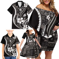 Samoa Siapo Tribal Pattern Family Matching Off Shoulder Short Dress and Hawaiian Shirt Black Polynesian Plumeria Tapa Motif LT9 - Polynesian Pride