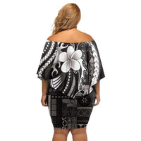 Samoa Siapo Tribal Pattern Family Matching Off Shoulder Short Dress and Hawaiian Shirt Black Polynesian Plumeria Tapa Motif LT9 - Polynesian Pride