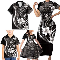 Samoa Siapo Tribal Pattern Family Matching Short Sleeve Bodycon Dress and Hawaiian Shirt Black Polynesian Plumeria Tapa Motif LT9 - Polynesian Pride