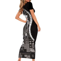 Samoa Siapo Tribal Pattern Short Sleeve Bodycon Dress Black Polynesian Plumeria Tapa Motif