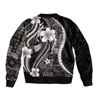 Samoa Siapo Tribal Pattern Sleeve Zip Bomber Jacket Black Polynesian Plumeria Tapa Motif