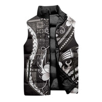 Samoa Siapo Tribal Pattern Sleeveless Puffer Jacket Black Polynesian Plumeria Tapa Motif