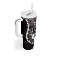 Samoa Siapo Tribal Pattern Tumbler With Handle Black Polynesian Plumeria Tapa Motif