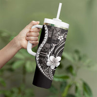 Samoa Siapo Tribal Pattern Tumbler With Handle Black Polynesian Plumeria Tapa Motif