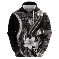 Samoa Siapo Tribal Pattern Zip Hoodie Black Polynesian Plumeria Tapa Motif
