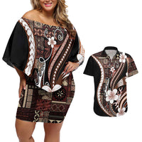 Samoa Siapo Tribal Pattern Couples Matching Off Shoulder Short Dress and Hawaiian Shirt Brown Polynesian Plumeria Tapa Motif
