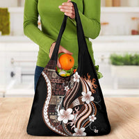 Samoa Siapo Tribal Pattern Grocery Bag Brown Polynesian Plumeria Tapa Motif
