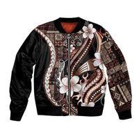 Samoa Siapo Tribal Pattern Sleeve Zip Bomber Jacket Brown Polynesian Plumeria Tapa Motif