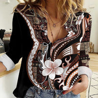 Samoa Siapo Tribal Pattern Women Casual Shirt Brown Polynesian Plumeria Tapa Motif