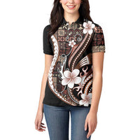 Samoa Siapo Tribal Pattern Women Polo Shirt Brown Polynesian Plumeria Tapa Motif