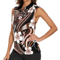 Samoa Siapo Tribal Pattern Women Sleeveless Polo Shirt Brown Polynesian Plumeria Tapa Motif