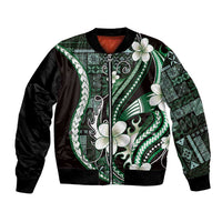 Samoa Siapo Tribal Pattern Bomber Jacket Forest Green Polynesian Plumeria Tapa Motif