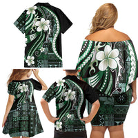 Samoa Siapo Tribal Pattern Family Matching Off Shoulder Short Dress and Hawaiian Shirt Forest Green Polynesian Plumeria Tapa Motif LT9 - Polynesian Pride