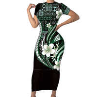 Samoa Siapo Tribal Pattern Short Sleeve Bodycon Dress Forest Green Polynesian Plumeria Tapa Motif