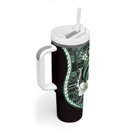 Samoa Siapo Tribal Pattern Tumbler With Handle Forest Green Polynesian Plumeria Tapa Motif