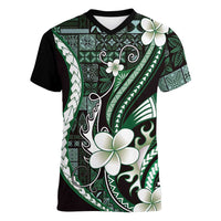 Samoa Siapo Tribal Pattern Women V-Neck T-Shirt Forest Green Polynesian Plumeria Tapa Motif