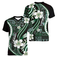 Samoa Siapo Tribal Pattern Women V-Neck T-Shirt Forest Green Polynesian Plumeria Tapa Motif