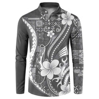 Samoa Siapo Tribal Pattern Button Sweatshirt Light Gray Polynesian Plumeria Tapa Motif