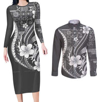 Samoa Siapo Tribal Pattern Couples Matching Long Sleeve Bodycon Dress and Long Sleeve Button Shirt Light Gray Polynesian Plumeria Tapa Motif LT9 Gray - Polynesian Pride