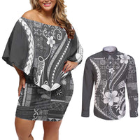 Samoa Siapo Tribal Pattern Couples Matching Off Shoulder Short Dress and Long Sleeve Button Shirt Light Gray Polynesian Plumeria Tapa Motif