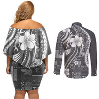 Samoa Siapo Tribal Pattern Couples Matching Off Shoulder Short Dress and Long Sleeve Button Shirt Light Gray Polynesian Plumeria Tapa Motif