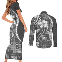 Samoa Siapo Tribal Pattern Couples Matching Short Sleeve Bodycon Dress and Long Sleeve Button Shirt Light Gray Polynesian Plumeria Tapa Motif